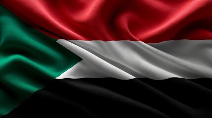 Vibrant depiction of the flag of Sudan, showcasing rich colors and silk texture