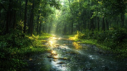 Obraz premium Sunlight streams through a lush, green forest, illuminating a shallow waterway
