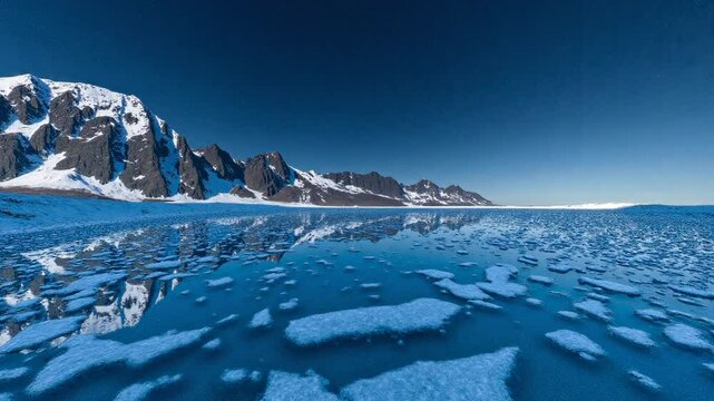 A breathtaking view of a colossal moon over a frozen alien landscape, reflecting in icy waters - Equirectangular 360 degree loop video
