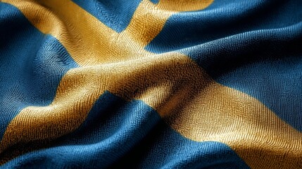 Silk fabric showcases the vibrant blue and yellow colors of the Swedish flag, highlighting its intricate texture and design.