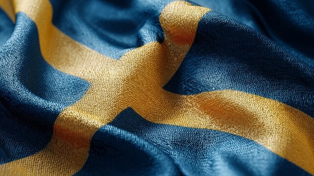 Realistic depiction of the Swedish flag in silk fabric with rich colors and texture