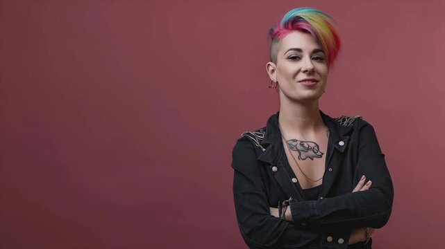 Portrait of a young confident woman with rainbow colored hair and tattoos smiling with arms crossed on a burgundy background