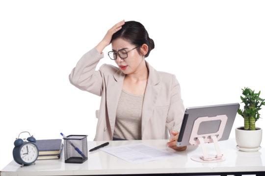 Asian businesswoman posing next to desk full of documents