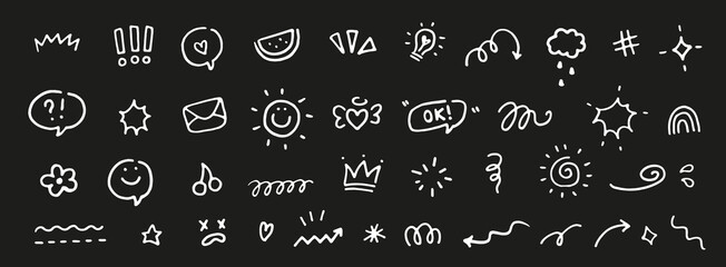 Cute doodle summer design elements. Text marks, arrows, heart, sun. Hand drawn symbols, characters. Sketch line style.