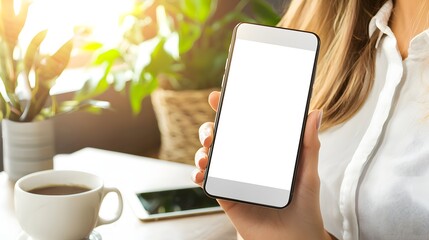 Smiling woman holding her smartphone in a bright room while engaging in a video call with friends