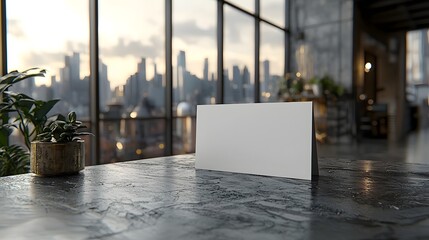 Fototapeta premium Blank white gift card on an office desk overlooking a city skyline