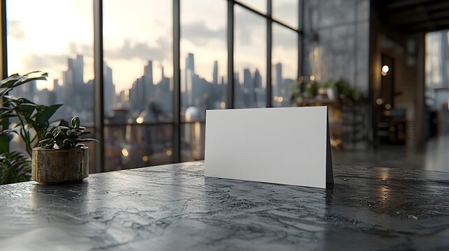 Blank white gift card on an office desk overlooking a city skyline