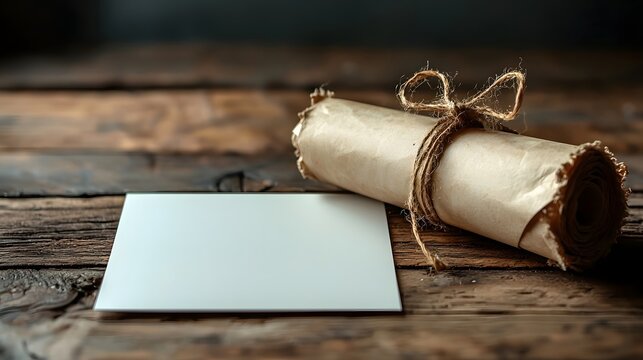 Diploma and blank white gift card on a wooden table