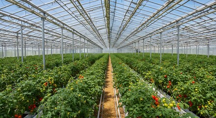 The vibrant red and green of hydroponically grown tomatoes fill a high-tech greenhouse, symbolizing innovation in farming and the future of eco-friendly food systems.