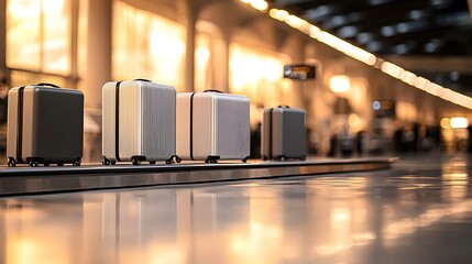 Luggage neatly positioned on a conveyor belt at an airport ready for check-in and departure process