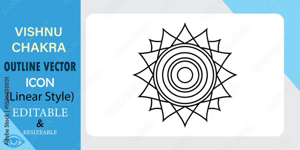 Poster linear style vector icon depicting vishnu chakra, a sacred symbol. editable and resizable outline de