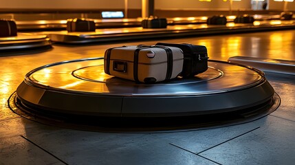 A single suitcase positioned on a round object creating an interesting composition for artistic display