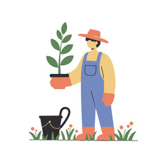 Gardener with brown skin in a proud mood holding a potted plant in a garden with a bucket nearby with copy space