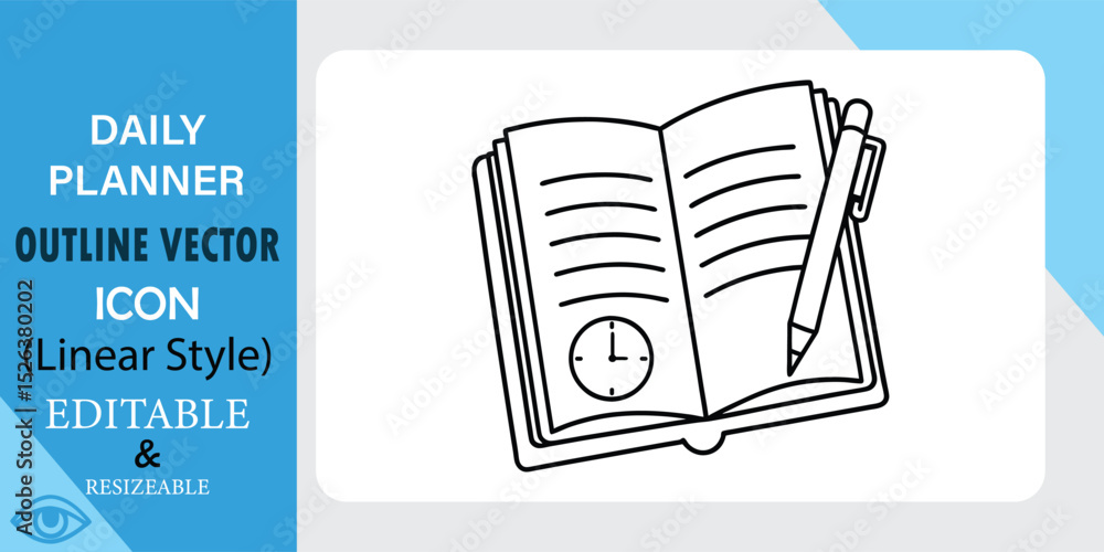 Poster open notebook with pen and clock icon. linear style, daily planner concept.