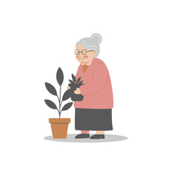 Elderly woman with hair in a bun in a caring mood tending to a potted plant against a white background with copy space