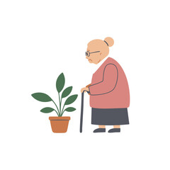 Elderly woman with glasses and a cane in a calm mood standing next to a potted plant against a white background with copy space.