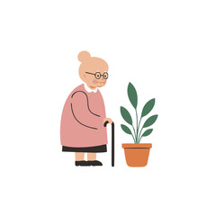Elderly woman with a cane in an observational mood standing next to a potted plant against a white background with copy space.