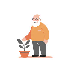 Elderly man with a white beard in a content and peaceful mood standing next to a potted plant against a white background with copy space.