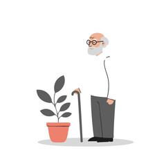 Elderly man with a long white beard and a walking stick in a calm mood standing next to a potted plant against a white background with copy space