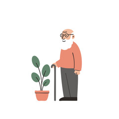 Elderly man with a white beard and a cane in a content mood standing next to a potted plant against a white background with copy space