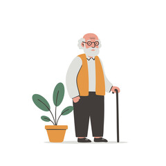 Elderly man with a white beard and a cane in a calm and gentle mood standing next to a potted plant against a white background with copy space