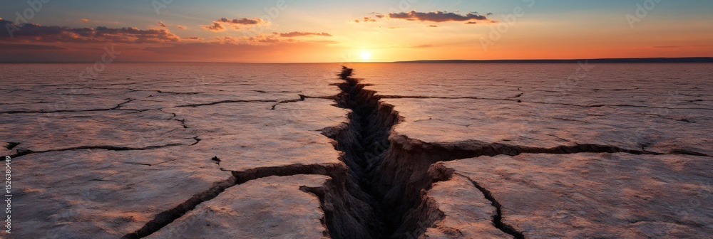 Poster dramatic sunset illuminates a deep fault line splitting the dry earth, revealing the devastating pow