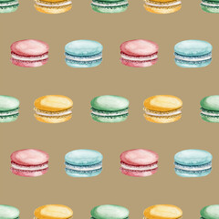 Watercolor seamless pattern of multicolor delicate watercolor macaroons. Sweet dessert party pattern