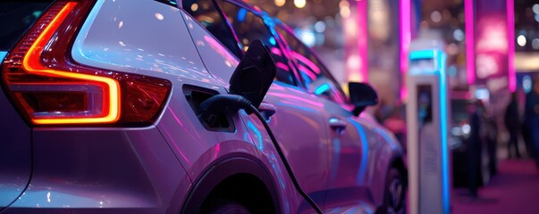 Electric Vehicle Charging at Night with Neon Lights in Urban Setting Showcasing Modern Technology and Innovation