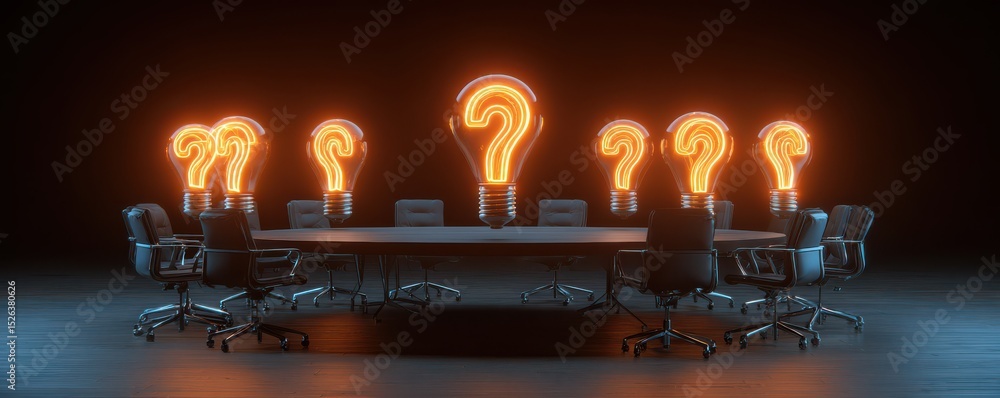 Aufkleber creative brainstorming session conceptualized with glowing question mark light bulbs around a large 