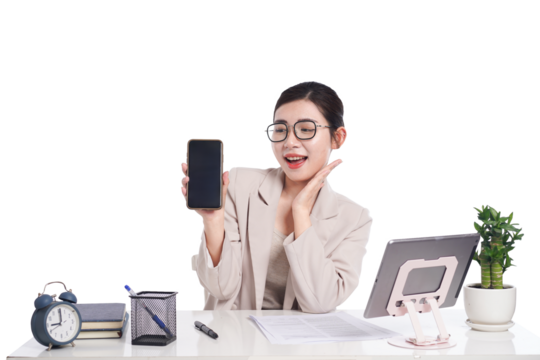 Asian businesswoman posing next to desk full of documents - Powered by Adobe