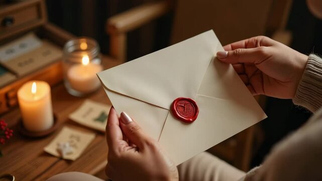 Woman holding sealed love letter with wax seal while sitting indoors  