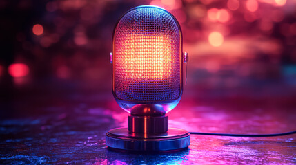 Microphone is lit up in a purple and blue background. The microphone is on a stand and is surrounded by a purple and blue light. The light is creating a mood of excitement and energy