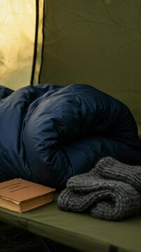 Cozy Camping Essentials: Sleeping Bag, Blanket, and Book for Outdoor Adventures