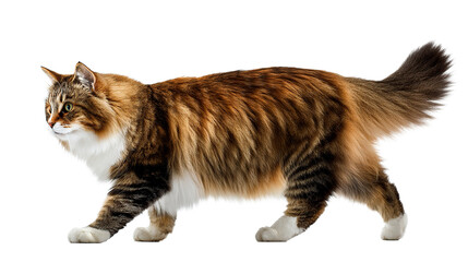 Obraz premium A stunning calico cat with long, flowing fur walks in a side profile view.