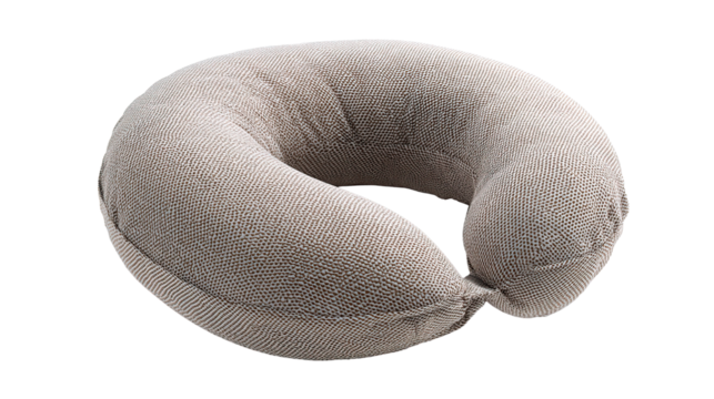 A comfortable beige travel neck pillow is displayed, perfect for resting during journeys and commutes.