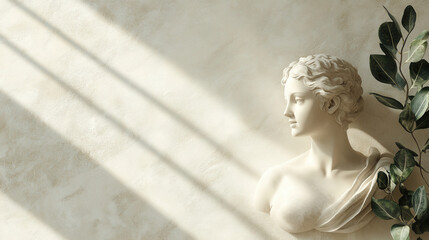 Naklejka premium Classical Female Bust in Soft Sunlight Against a Textured Beige Wall