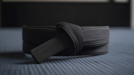A judo black belt tied around the waist, indoor setting with dojo backdrop, Minimalist style