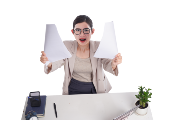 Asian businesswoman posing next to desk full of documents
