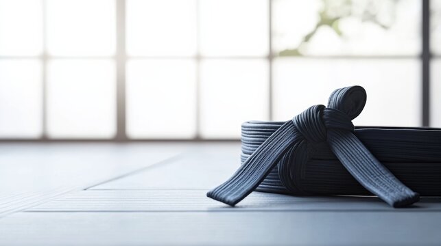 A judo black belt tied around waist, indoor setting with dojo backdrop, Classic style