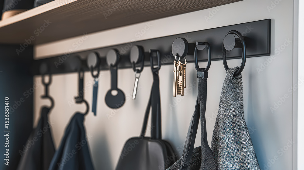 Poster row of hooks hold keys and purses. the keys are hanging from the hooks and the purses are hanging fr