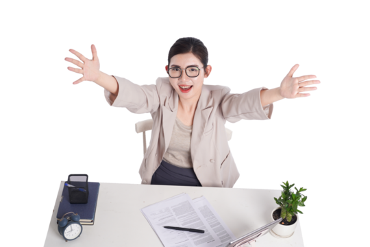 Asian businesswoman posing next to desk full of documents - Powered by Adobe