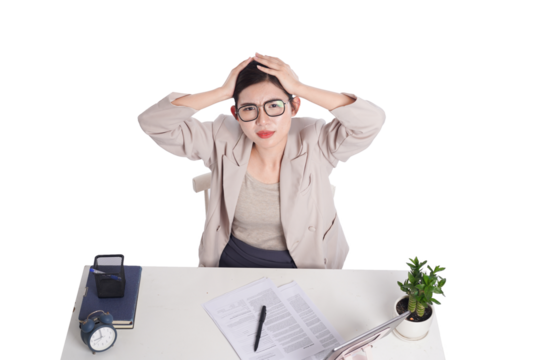 Asian businesswoman posing next to desk full of documents