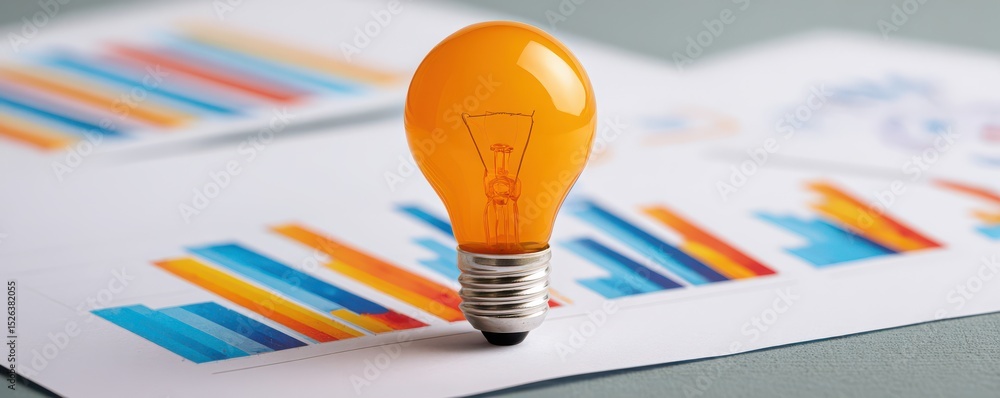 Poster orange light bulb representing creativity and innovation with graphs and charts in the background fo