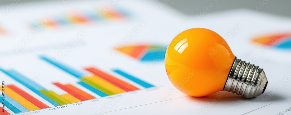 Poster vibrant yellow light bulb on documents with colorful graphs and charts representing data and creativ