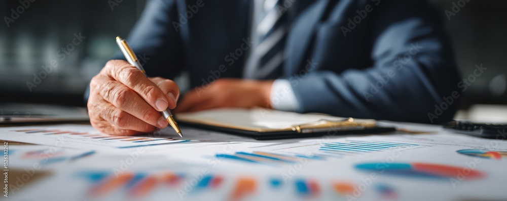 Poster business professional analyzing financial data with charts and graphs on table, writing notes with a