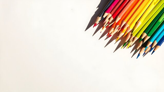 A colorful array of pencils arranged in rainbow order on a white background