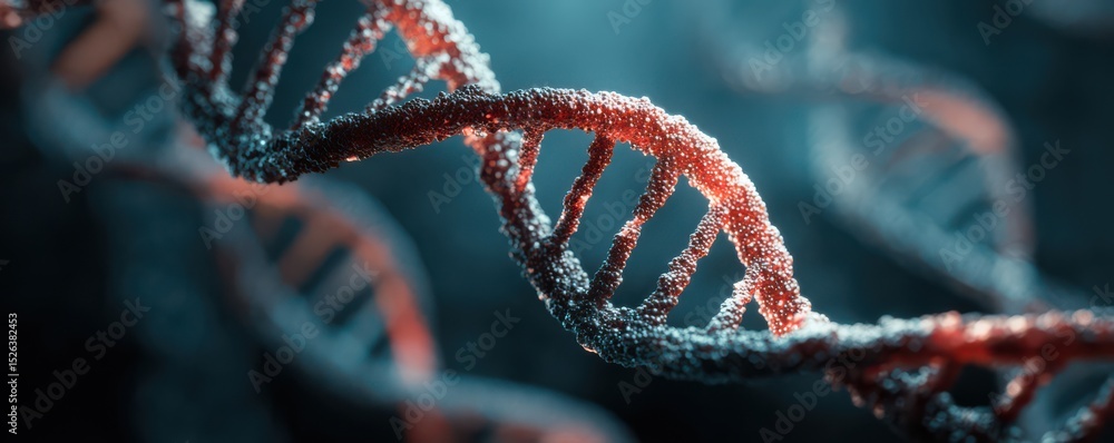 Poster intricate close-up of dna helix structure with glowing elements and dark background