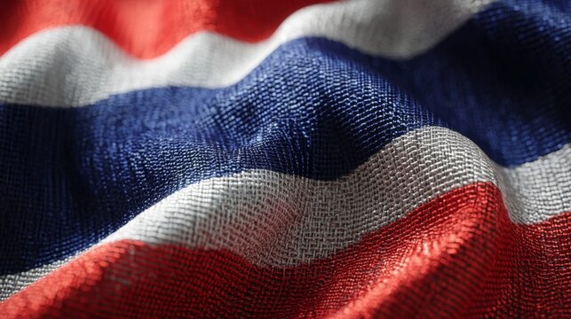 The beautiful silk flag of Thailand displays vibrant red, white, and blue waves, capturing the essence of national pride and culture.