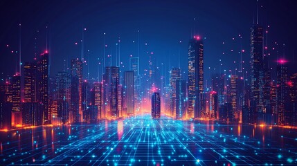 Futuristic cityscape bathed in vibrant digital light.  A network of glowing lines connects modern skyscrapers, creating an image of advanced technology and connectivity