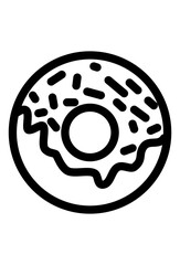 Simple black outline donut with sprinkles icon.
 Minimalist sprinkled donut illustration, bold black lines

